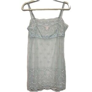 Y2K Victorias Secret M Sheer Lace Slip Dress Light Blue Embroidered Eyelet Fairy